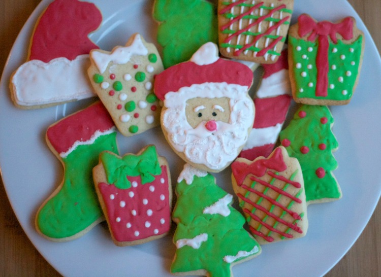 royal icing christmas sugar cookies, santa cookies, present cookies, holiday iced sugar cookies