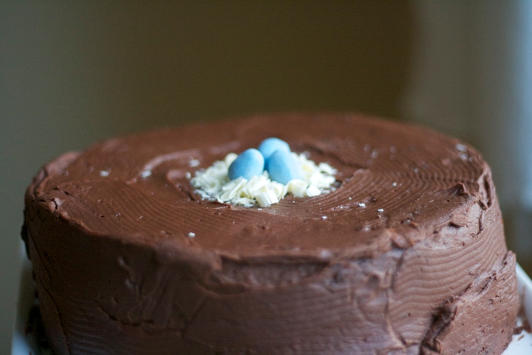 ultimate chocolate cake, birthday cake, easter cake, bird nest on top of chocolate cake 
